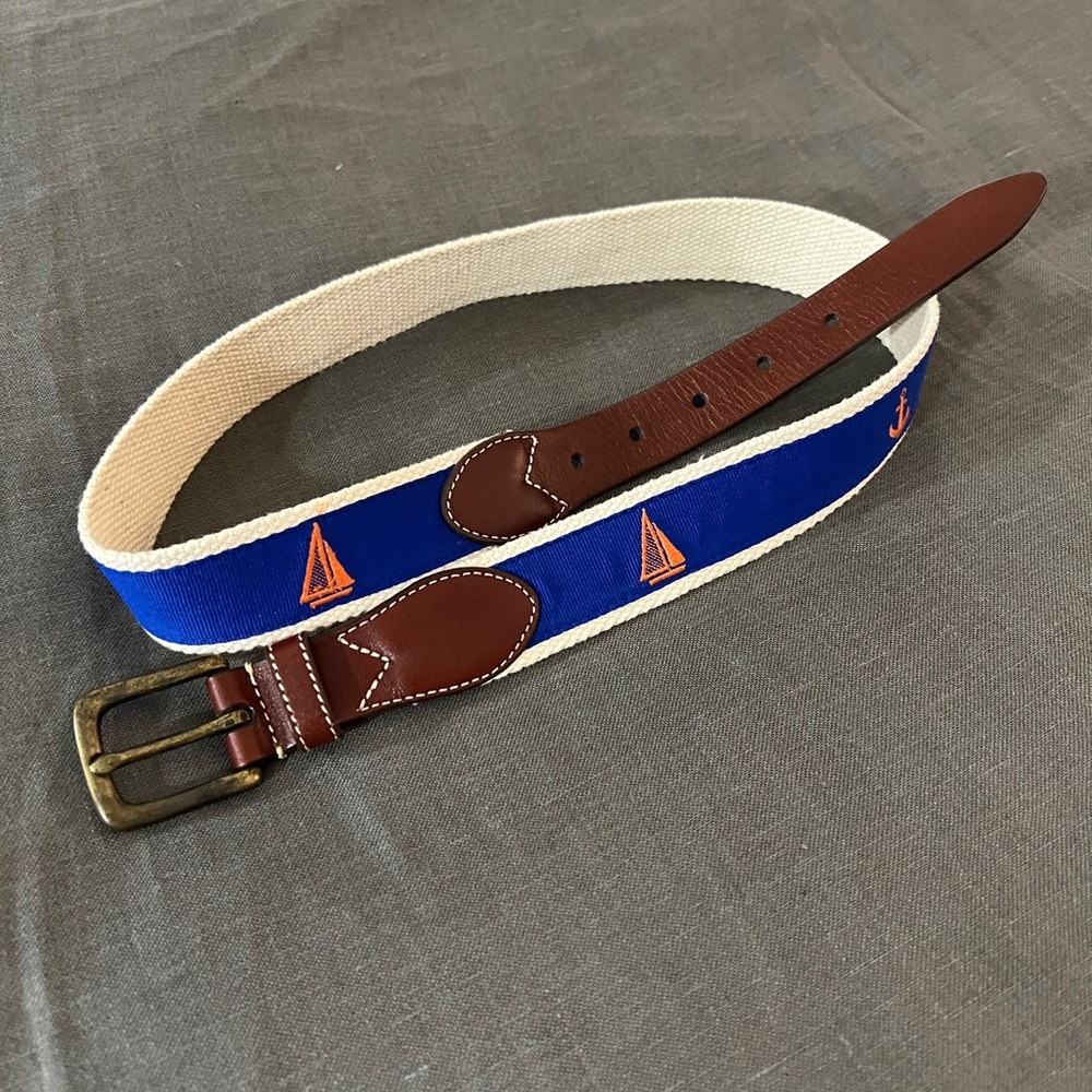 J Crew Leather Canvas Embroidered Sailboat Belt Mens 32 - blue
